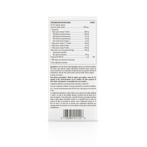 SOLGAR - Full Spectrum Omega - Aceite de Salmón Salvaje de Alaska - Omega 3, 5, 6, 7, 9, Vitamina D3 y Astaxantina - Apoyo Cardíaco, Cerebral, Visual e Inmunitario - 120 Cápsulas Blandas