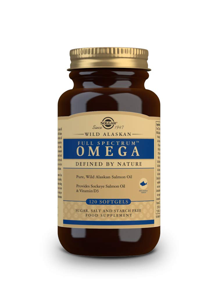 SOLGAR - Full Spectrum Omega - Aceite de Salmón Salvaje de Alaska - Omega 3, 5, 6, 7, 9, Vitamina D3 y Astaxantina - Apoyo Cardíaco, Cerebral, Visual e Inmunitario - 120 Cápsulas Blandas