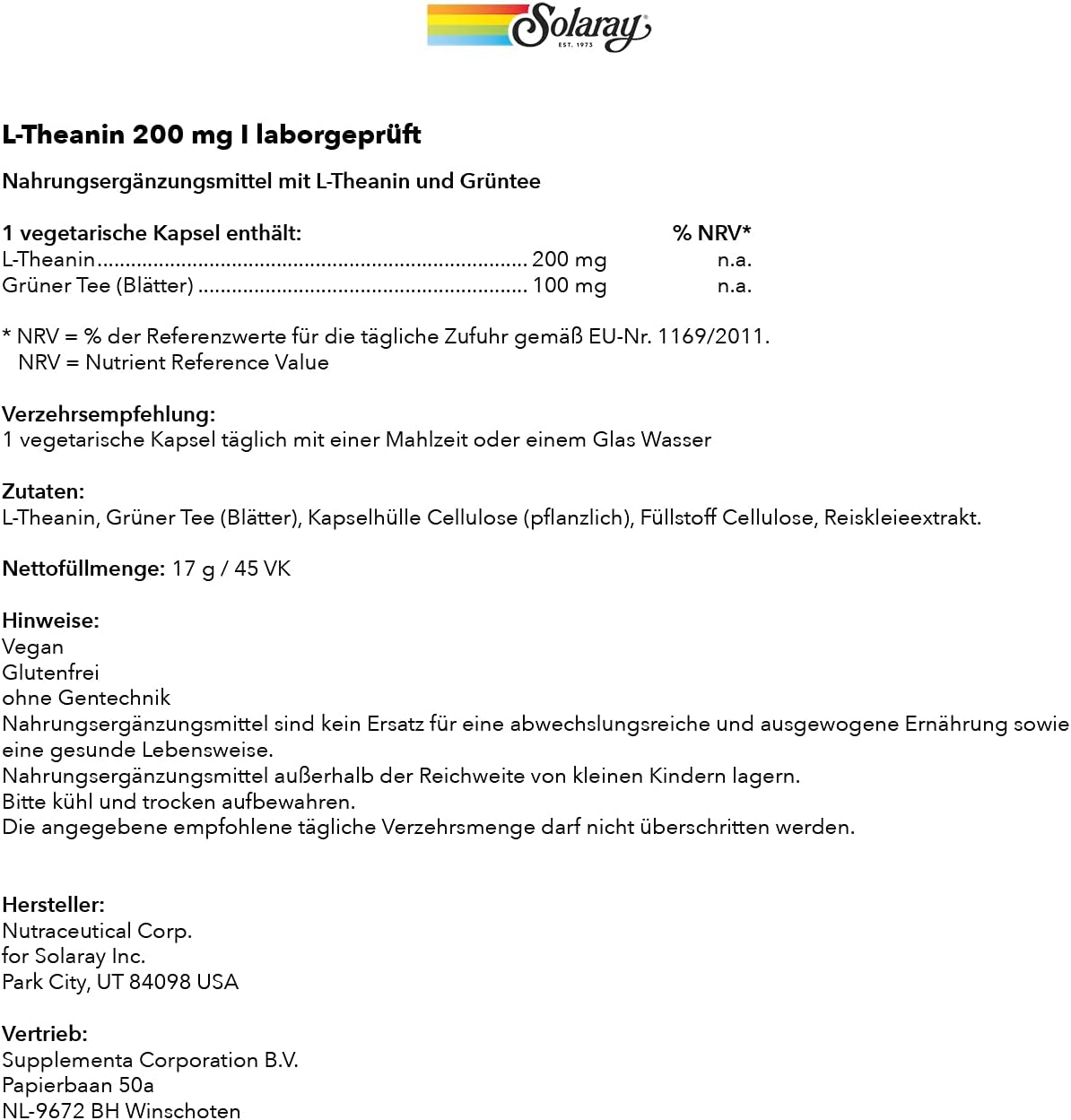 Solaray L-Theanine 200 Mg. 45 Capsules