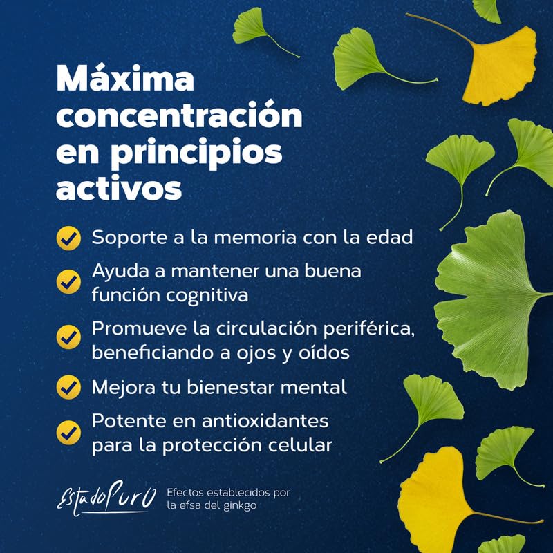 Ginkgo Biloba Estado Puro 6500mg | Extracto Estandarizado y Máxima Concentración | 24% de Flavonoides y 6% de Terpenos | Memoria y Concentración + Circulación | 40 Cápsulas de Tongil