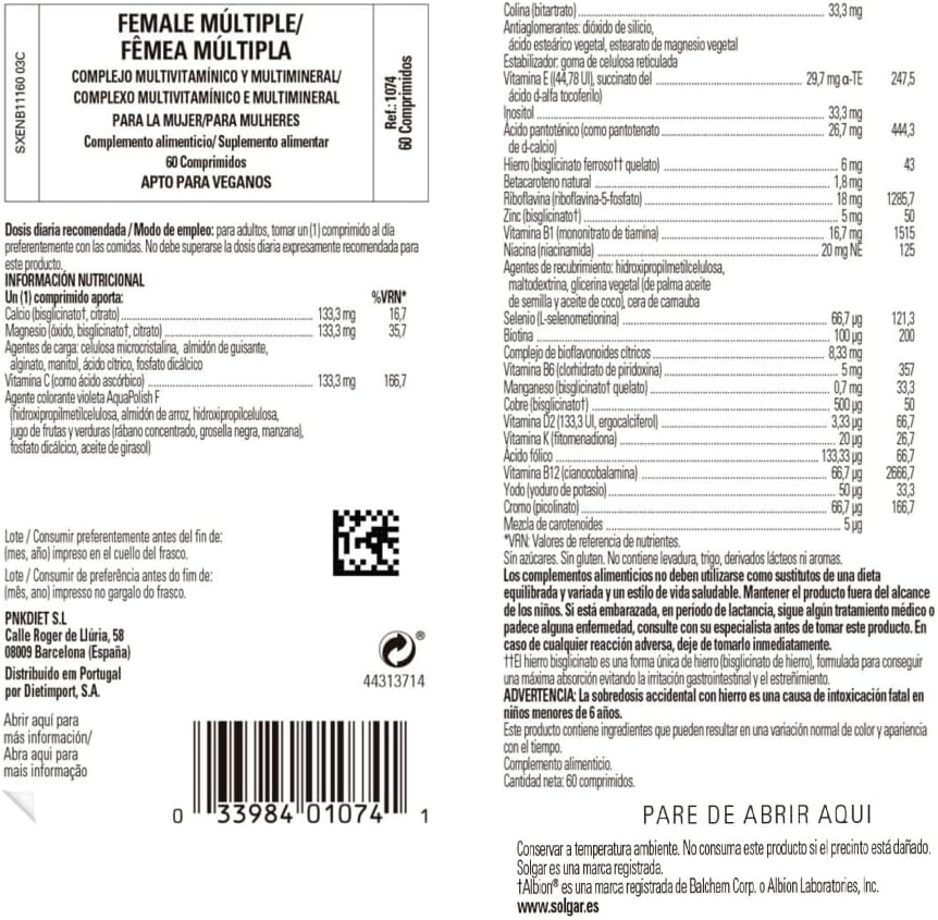 Solgar | Female Multiple | Food Supplement that Helps the Correct Function of the Women's Body | With Multiple Vitamins | For Women | 60 Capsules