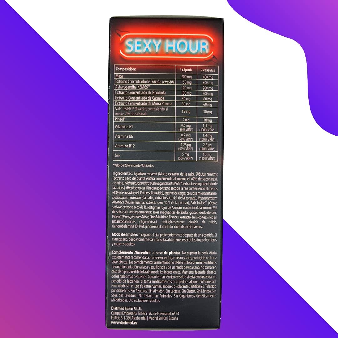 DietMed Sexy Hour | Ideal Formula for Men and Women | Potency and Improves Redness | With Maca - Pineol - Tribulus Terrestris - Vitamin B1 B6 B12 - Zinc | 30 Capsules - 100% Natural