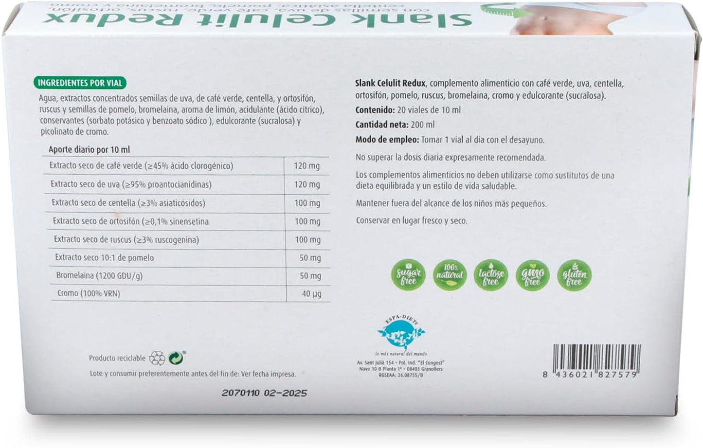 Espadiet Slank Celulit Redux – Green Coffee, Grape, Centella, Orthosiphon, Ruscus, Grapefruit, Bromelain and Chromium Extract – Anti-Cellulite – Circulatory and Firming Action – 20 vials of 10 ml