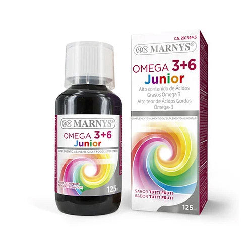 Omega 3 + 6 Junior Marnys jarabe 125 ml, vista frontal de botella y caja