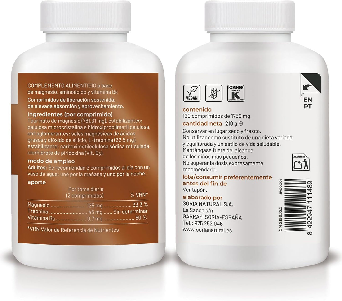 Soria Natural Magnesium + Vitamin B6 High Absorption - Sustained Release - Helps Improve Energy, Sleep, Brain Health and Nerve Function - 120 Tablets