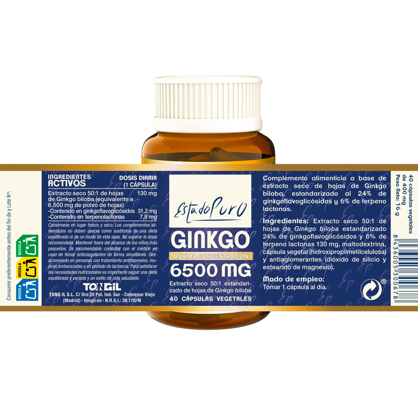 Ginkgo Biloba Estado Puro 6500mg | Extracto Estandarizado y Máxima Concentración | 24% de Flavonoides y 6% de Terpenos | Memoria y Concentración + Circulación | 40 Cápsulas de Tongil