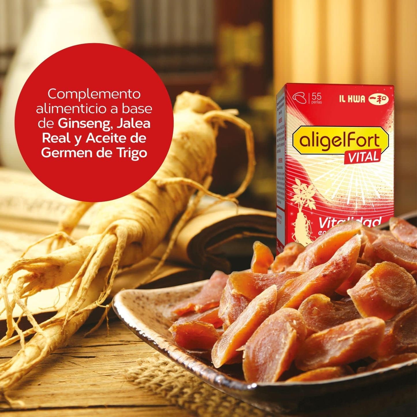 Royal Jelly with Ginseng - Aligelfort Vital 55 Pearls - Korean Ginseng, Royal Jelly and Wheat Germ | Vitality in your daily life | de Tong-il