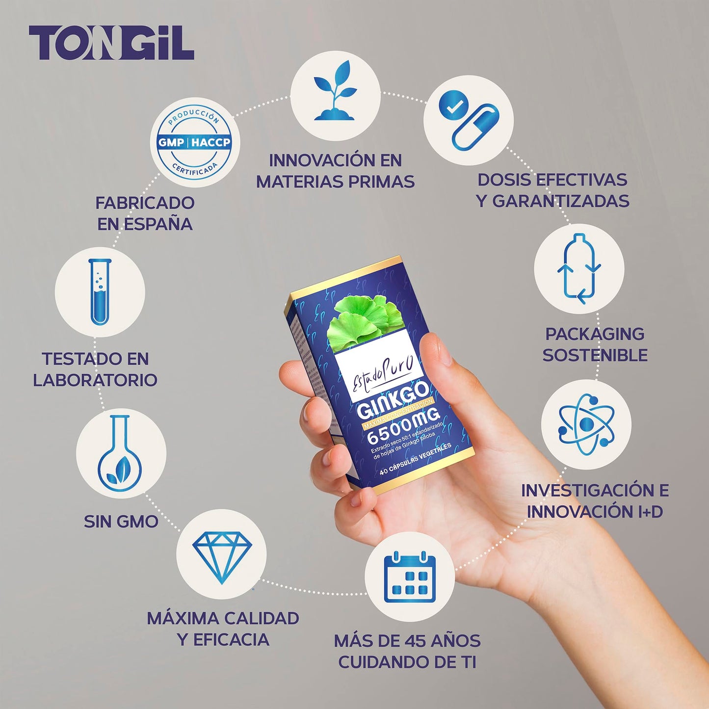 Ginkgo Biloba Estado Puro 6500mg | Extracto Estandarizado y Máxima Concentración | 24% de Flavonoides y 6% de Terpenos | Memoria y Concentración + Circulación | 40 Cápsulas de Tongil