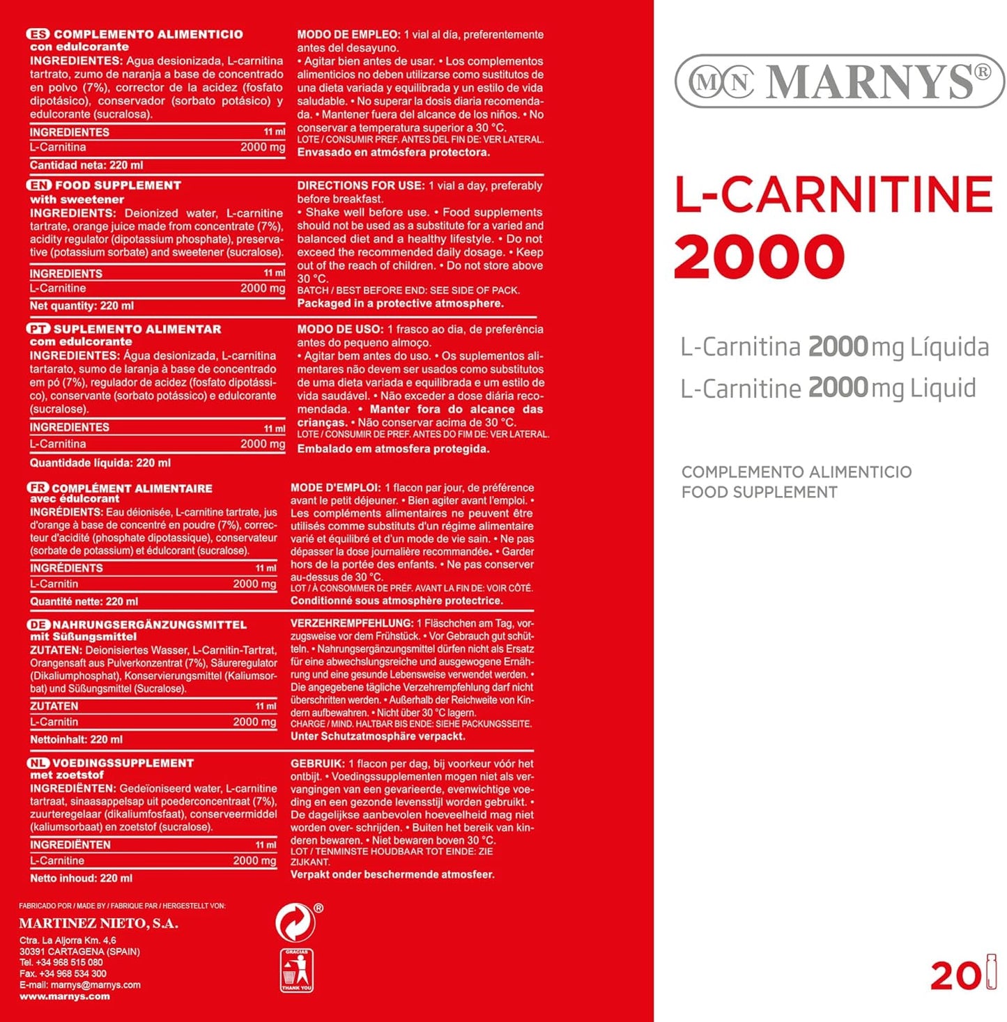 MARNYS L-Carnitina Líquida 2000mg 20 Viales