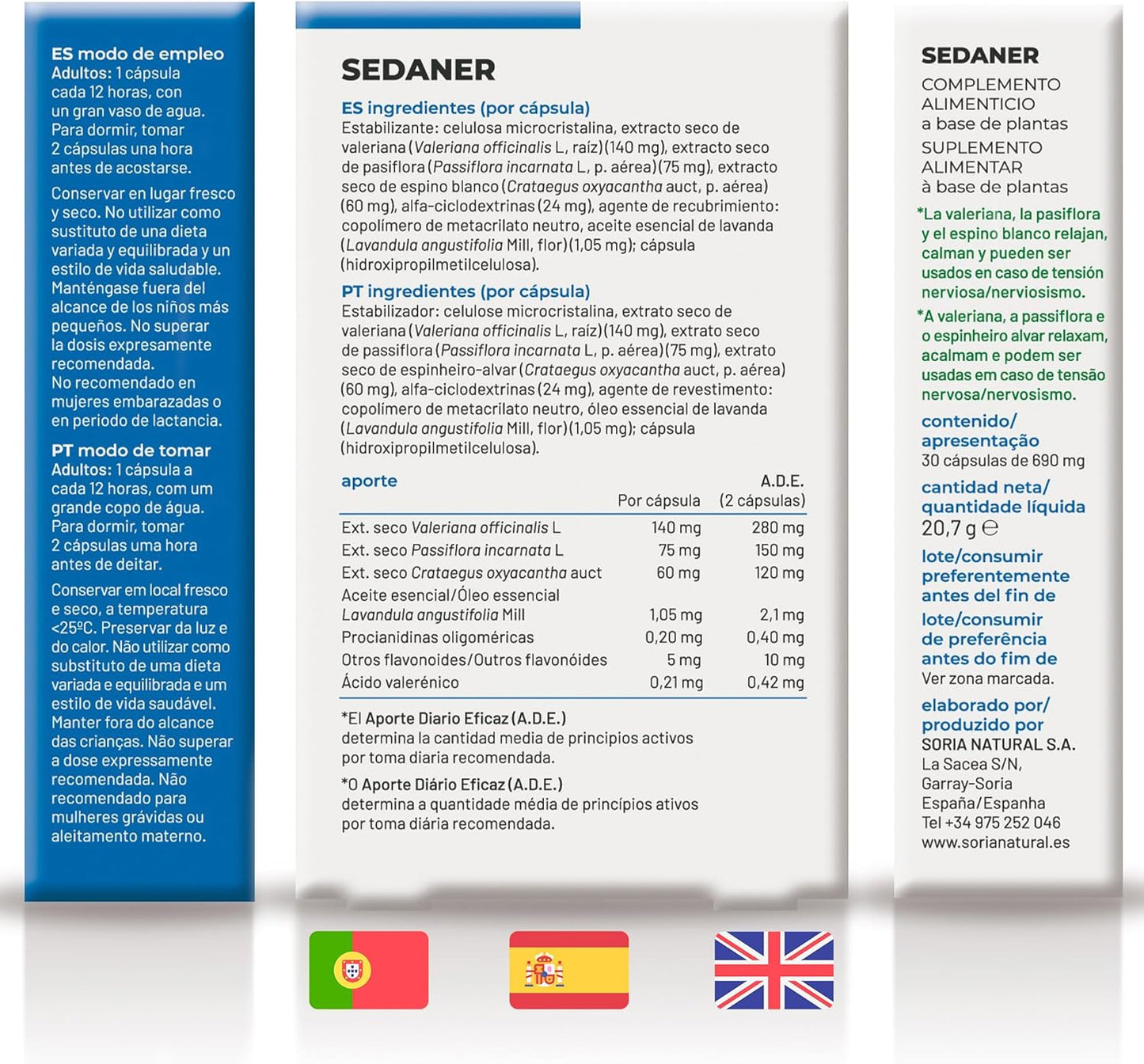 Soria Natural Sedaner - Deep Relaxation & Mental Rest, Emotional Balance - Valerian, Passionflower, Lavender, Hawthorn (60 Capsules)