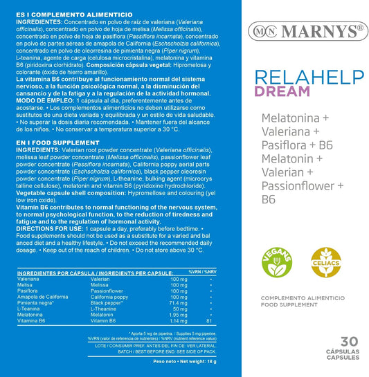 Relahelp Dream Melatonin, Valerian, Passionflower and Melissa - Fall asleep and promote relaxation - Good rest - 30 vegetable capsules for one month