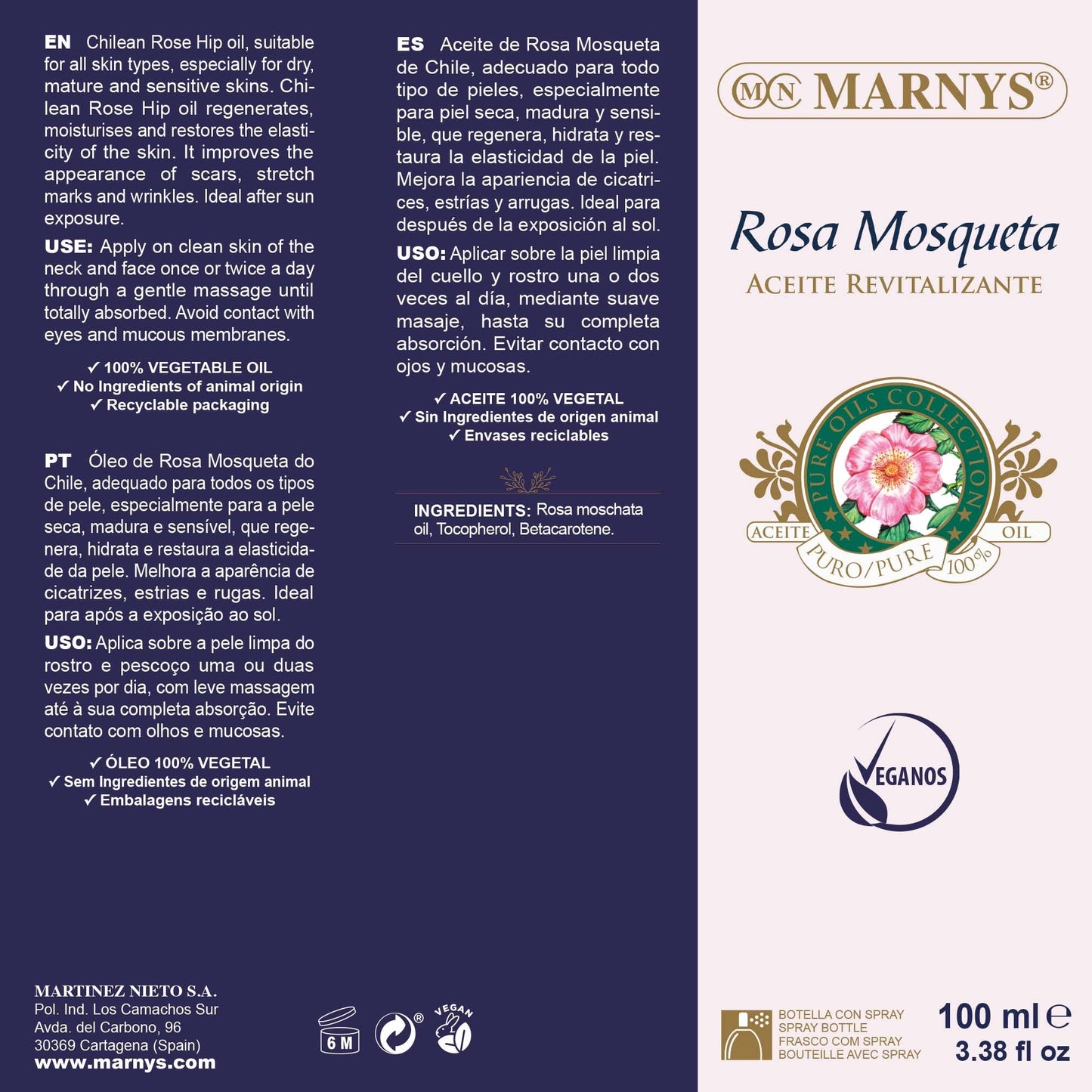 MARNYS Aceite Revitalizante Rosa Mosqueta 100% Vegetal Spray 100ml