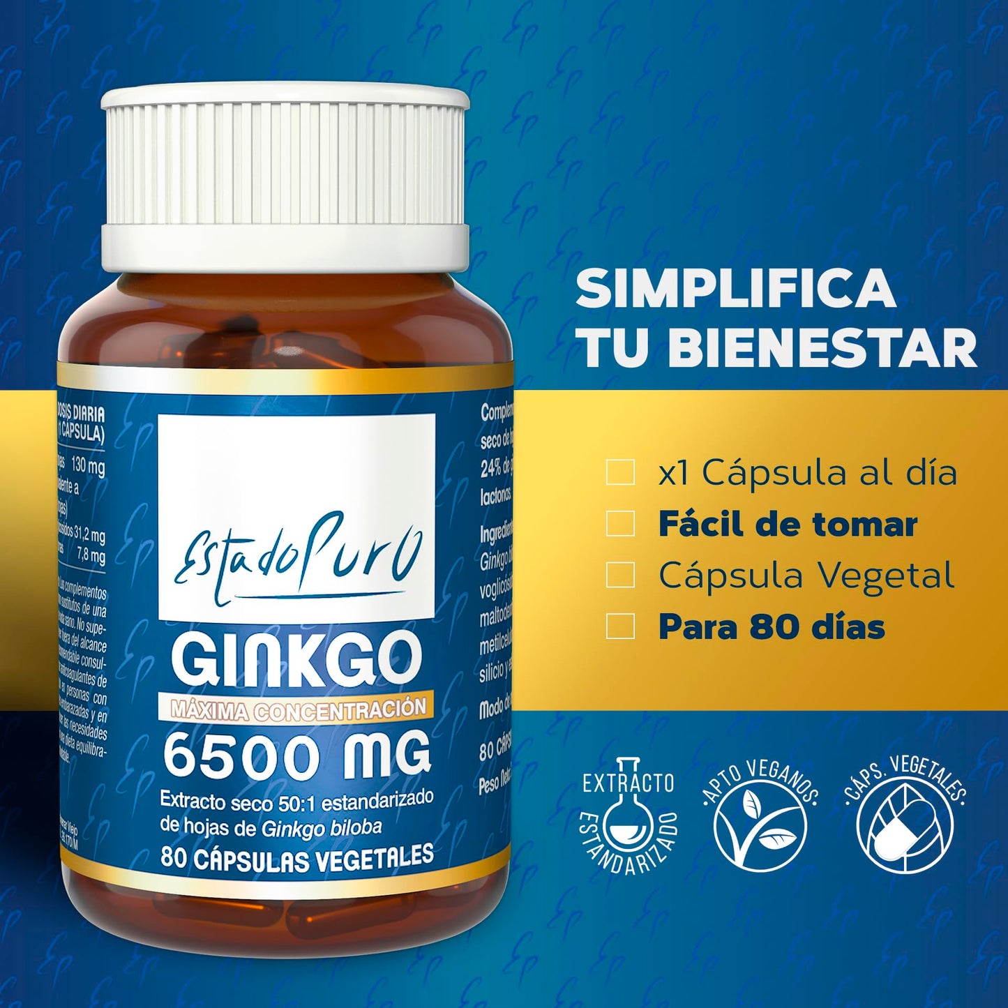 Ginkgo Biloba Estado Puro 6500mg | Extracto Estandarizado y Máxima Concentración | 24% de Flavonoides y 6% de Terpenos | Memoria y Concentración + Circulación | 40 Cápsulas de Tongil