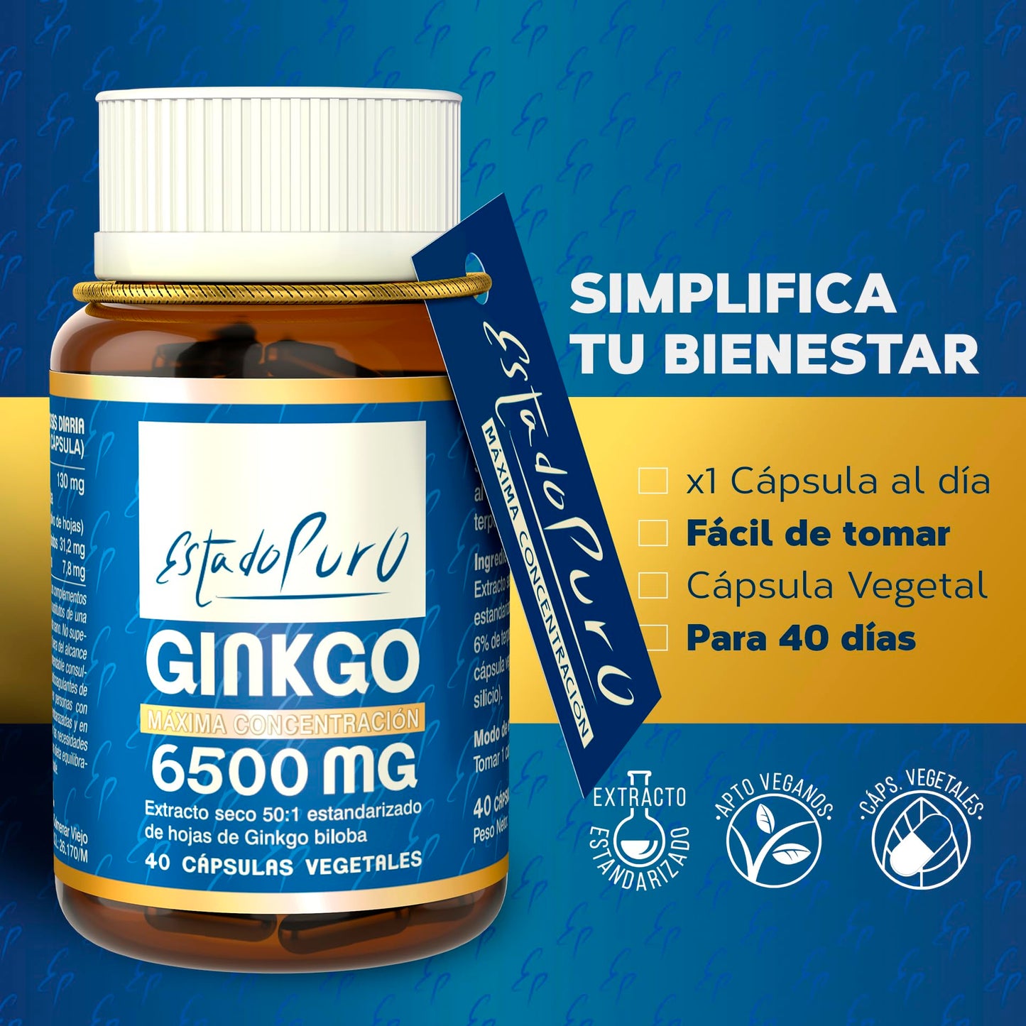 Ginkgo Biloba Estado Puro 6500mg | Extracto Estandarizado y Máxima Concentración | 24% de Flavonoides y 6% de Terpenos | Memoria y Concentración + Circulación | 40 Cápsulas de Tongil