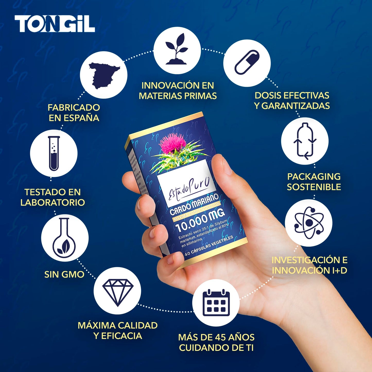 Cardo Mariano Puro 10000 mg | Extracto de semilla concentrado 25:1 con 80 % de silimarina y colina | Apoyo hepático, depuración y desintoxicación | 40 cápsulas vegetales Tongil (1)
