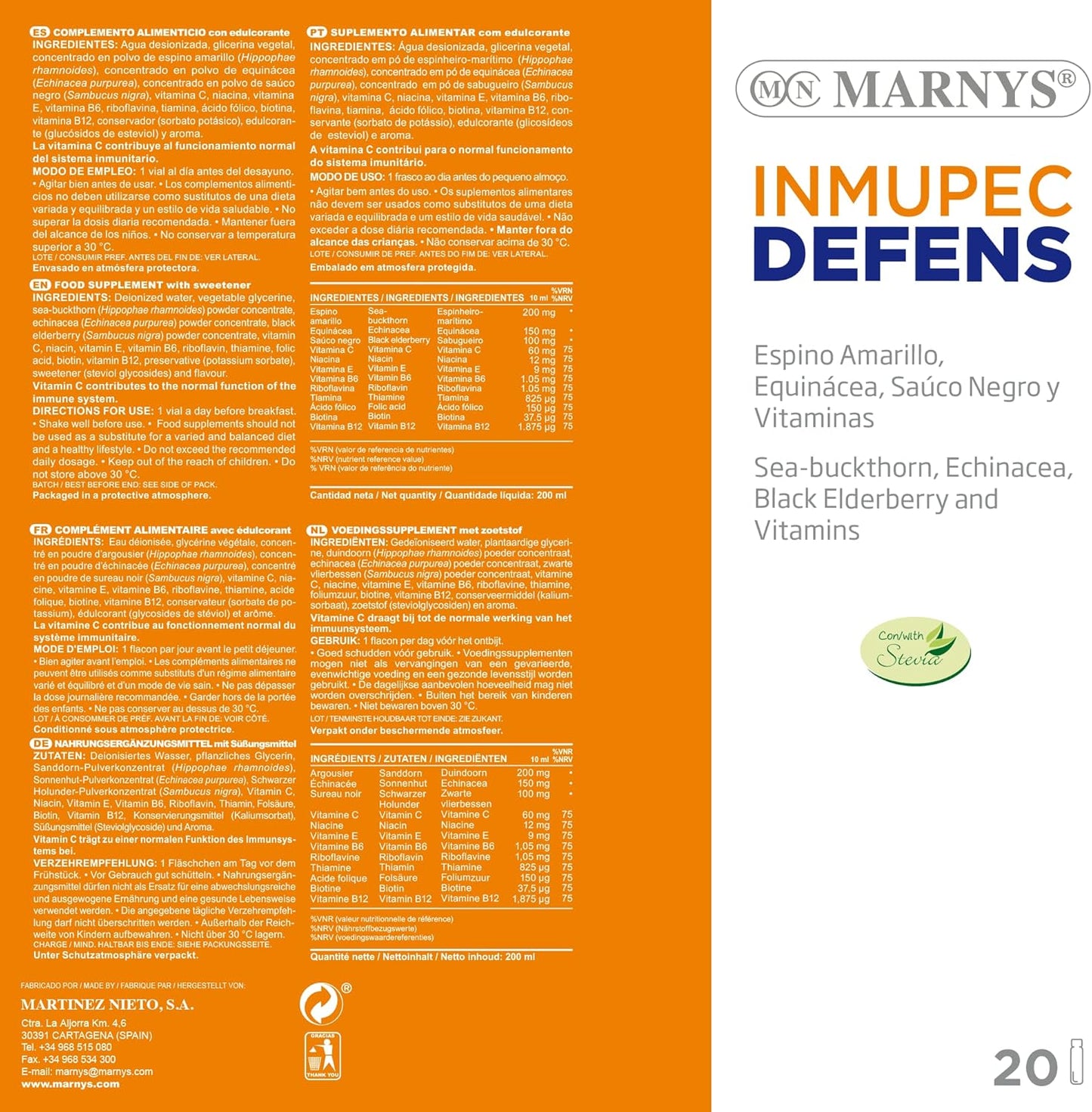 Marnys Echinacea + Sea Buckthorn + Elderberry + Vitamins - Supports Immune System and Defenses - Inmupec Defens - 20 Drinking Vials 0