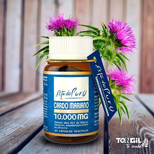 Cardo Mariano Puro 10000 mg | Extracto de semilla concentrado 25:1 con 80 % de silimarina y colina | Apoyo hepático, depuración y desintoxicación | 40 cápsulas vegetales Tongil (1)