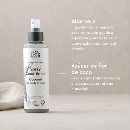 Urtekram Coconut Rinse Free Spray Conditioner with Organic Coconut Nectar, Natural Hydration and Frizz Control for Normal, Vegan and Natural Hair, 250 ml