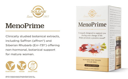 Solgar Menoprime, Women, Menopause, With Saffron and Rhubarb Extract, 30 Capsules 200 g, White