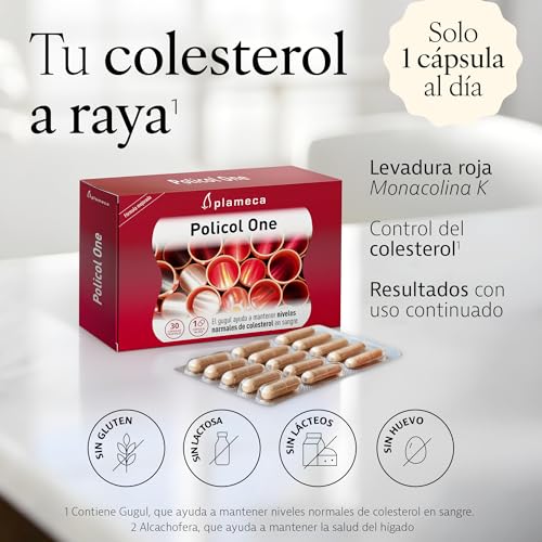 PLAMECA - Polycol One with Red Rice Yeast, Reduces and Maintains Cholesterol Levels, Liver in Good Condition, New Formula with Gugul, Artichoke and Dandelion - 30 Capsules (Pack of 2)