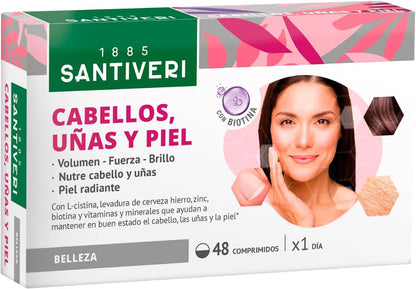 SANTIVERI - Hair, Nails and Skin, Food Supplement Based on L-Cystine, Beer Yeast, Biotin and Vitamins, which contribute to Maintain the Condition of Hair, Nails and Skin - 48 Tablets