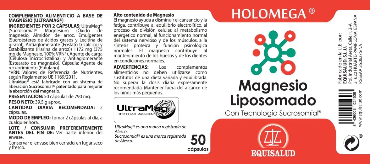 Holomega Magnesium Liposomal | Equisalud | With Ultramag, High Absorption Magnesium | 50 Capsules