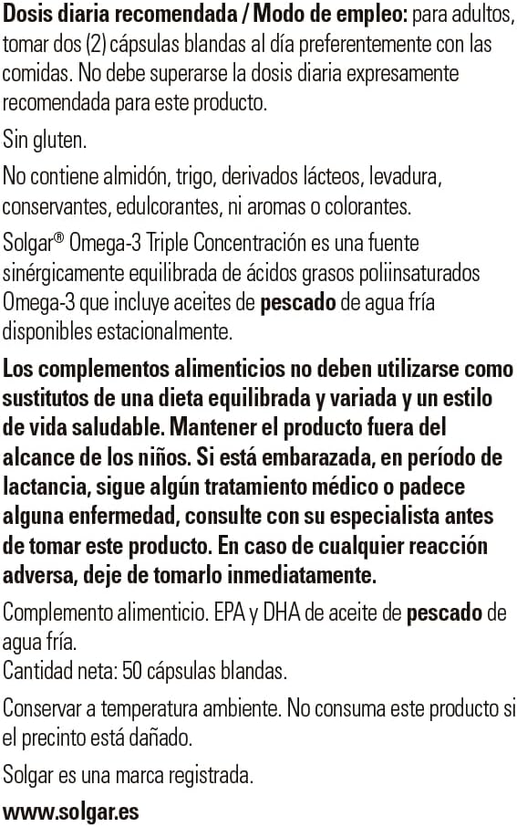 Solgar Omega 3 Triple Concentration, Heart Care Support, Cold Water Concentrated Fish Oil Brings EPA and DHA, 50 Capsules