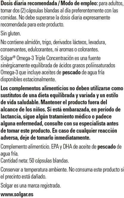 Solgar Omega 3 Triple Concentration, Heart Care Support, Cold Water Concentrated Fish Oil Brings EPA and DHA, 50 Capsules