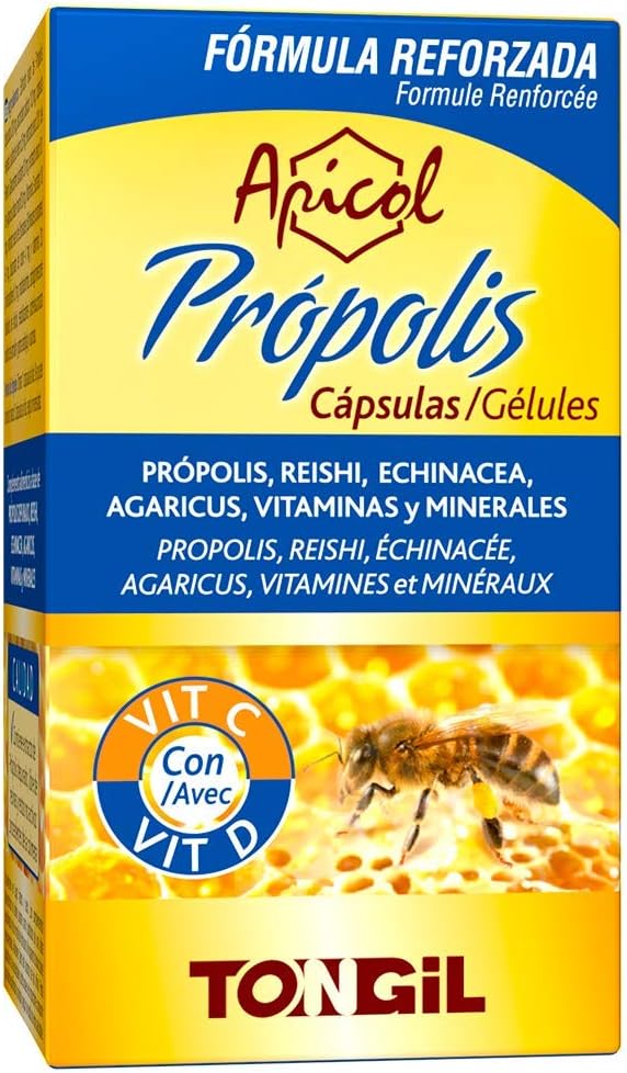 Adult Immune Defenses | Echinacea Propolis and Vitamin C + Reishi + Agaricus + Vitamin D+ Copper + Iron | Vitamins Immune System | 40 Capsules Apicol Tongil