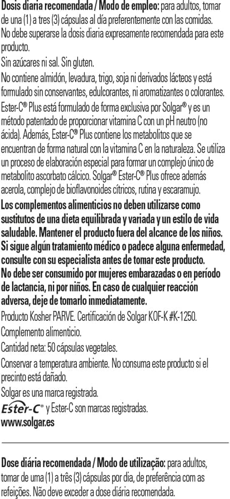 Solgar Vitamin C Ester-c Plus 500 Mg – 50 Vegetable Capsules, Multicoloured, Vanilla, 40 g