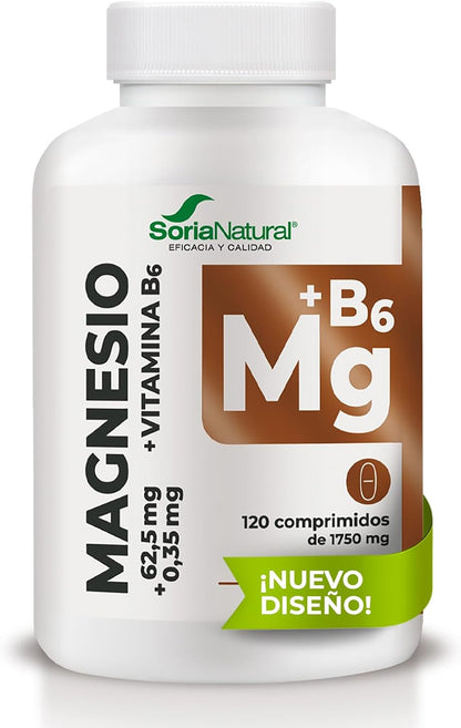 Soria Natural Magnesium + Vitamin B6 High Absorption - Sustained Release - Helps Improve Energy, Sleep, Brain Health and Nerve Function - 120 Tablets