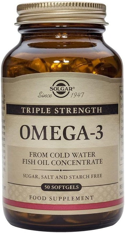 Solgar Omega 3 Triple Concentration, Heart Care Support, Cold Water Concentrated Fish Oil Brings EPA and DHA, 50 Capsules
