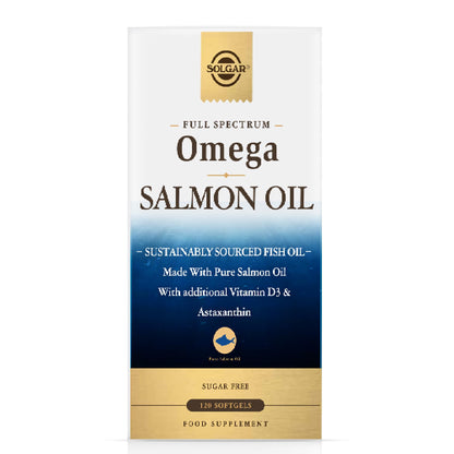 SOLGAR - Full Spectrum Omega - Aceite de Salmón Salvaje de Alaska - Omega 3, 5, 6, 7, 9, Vitamina D3 y Astaxantina - Apoyo Cardíaco, Cerebral, Visual e Inmunitario - 120 Cápsulas Blandas