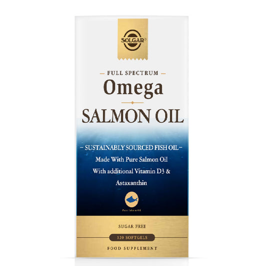 SOLGAR - Full Spectrum Omega - Aceite de Salmón Salvaje de Alaska - Omega 3, 5, 6, 7, 9, Vitamina D3 y Astaxantina - Apoyo Cardíaco, Cerebral, Visual e Inmunitario - 120 Cápsulas Blandas