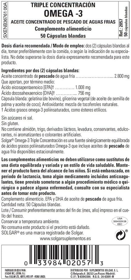 Solgar Omega 3 Triple Concentration, Heart Care Support, Cold Water Concentrated Fish Oil Brings EPA and DHA, 50 Capsules