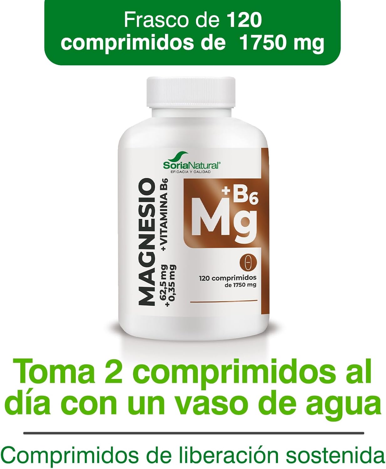 Soria Natural Magnesium + Vitamin B6 High Absorption - Sustained Release - Helps Improve Energy, Sleep, Brain Health and Nerve Function - 120 Tablets