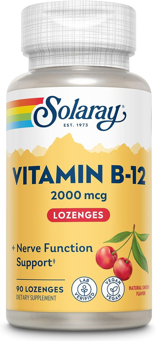 SOLARAY Vitamin B-12 2000mcg | Sugar Free Natural Cherry Flavor | Healthy Energy & Red Blood Cell Support | Gluten Free | Vegan Friendly | 90 Lozenges