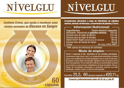 Levelglu 60 Capsules | Picolinate Chromium with Nutripeptin Marine Peptides, Cinnamon, Mulberry, Banaba, Cinnamon | Glucose Control - Blood Sugar | TONGIL 100% Natural