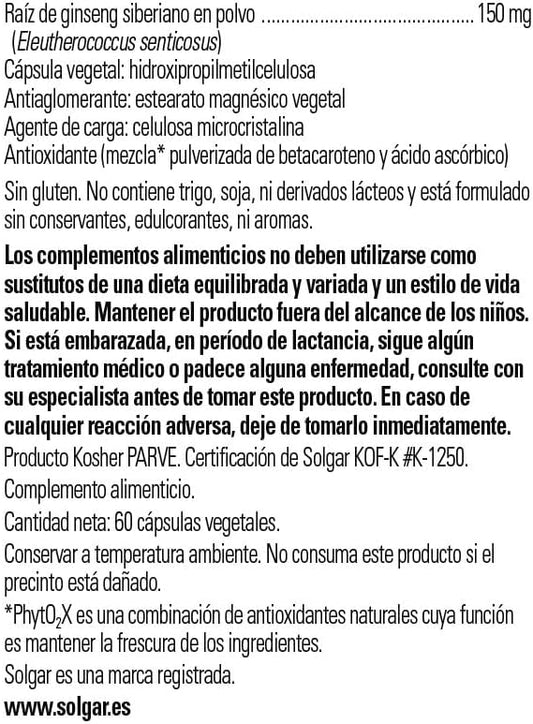 Solgar Siberian Ginseng Root Extract Vegetable Capsules - Pack of 60, Multicolor, 60 Count