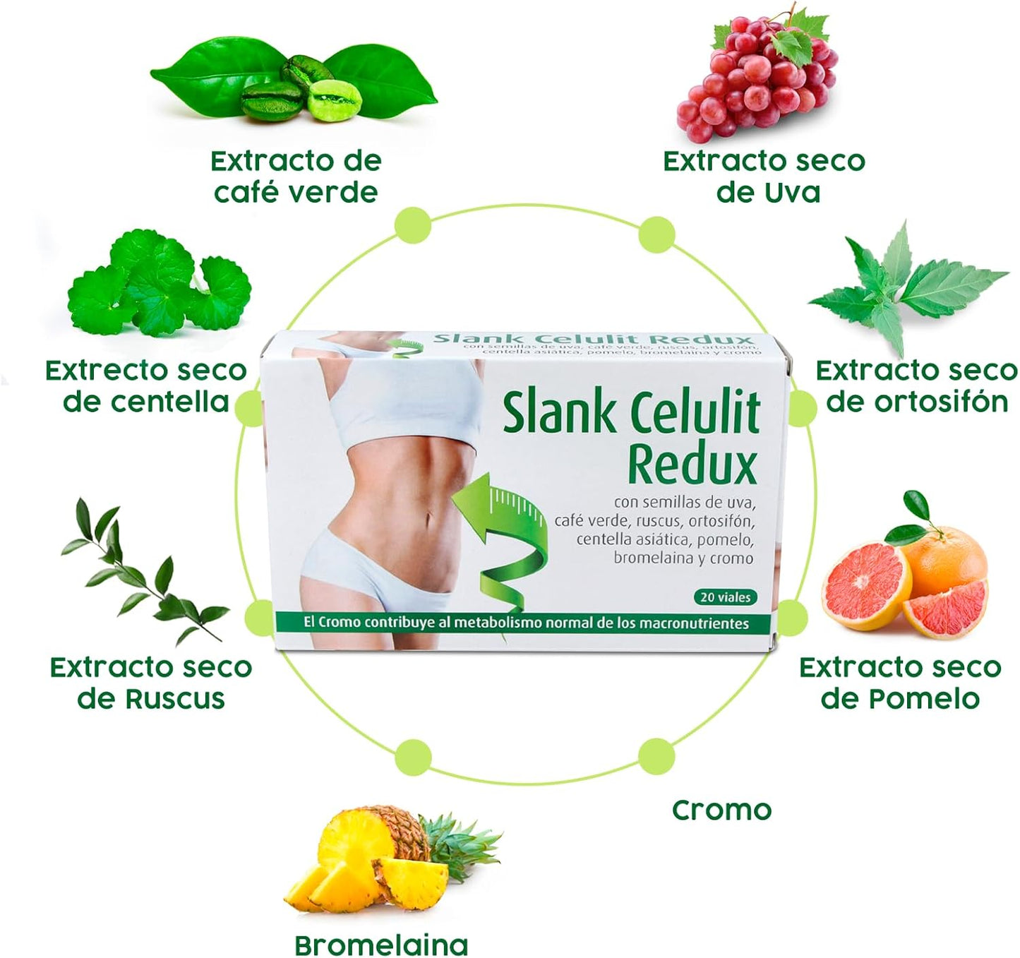 Espadiet Slank Celulit Redux – Green Coffee, Grape, Centella, Orthosiphon, Ruscus, Grapefruit, Bromelain and Chromium Extract – Anti-Cellulite – Circulatory and Firming Action – 20 vials of 10 ml