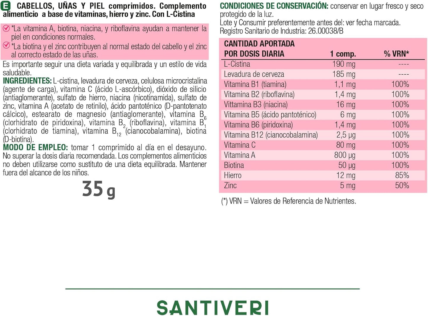 SANTIVERI - Hair, Nails and Skin, Food Supplement Based on L-Cystine, Beer Yeast, Biotin and Vitamins, which contribute to Maintain the Condition of Hair, Nails and Skin - 48 Tablets
