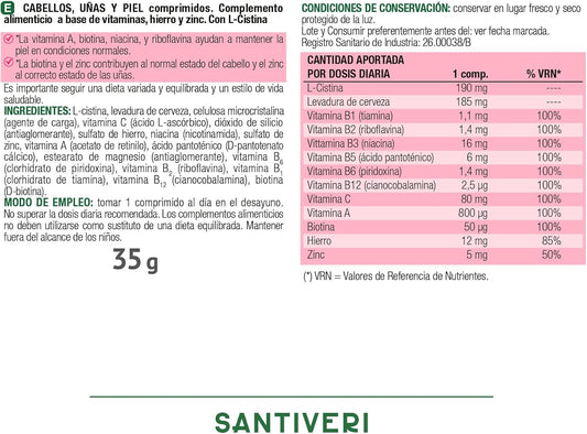 SANTIVERI - Hair, Nails and Skin, Food Supplement Based on L-Cystine, Beer Yeast, Biotin and Vitamins, which contribute to Maintain the Condition of Hair, Nails and Skin - 48 Tablets