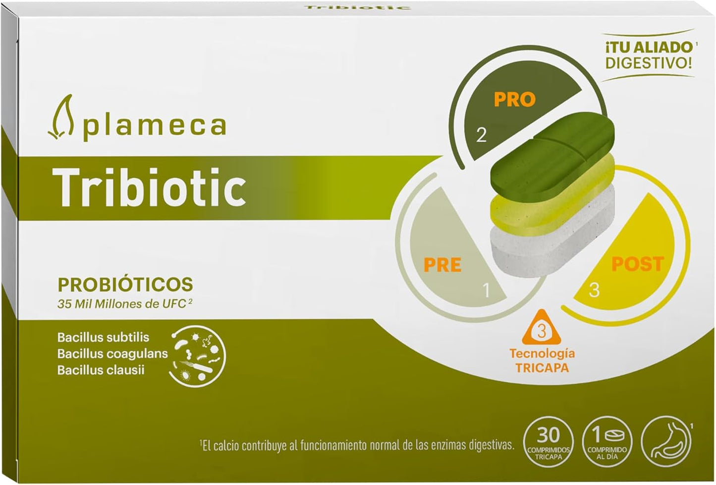 Plameca Tribiotic - 3 in 1 Formula - Intestinal Probiotics and Prebiotics, with Postbiotic - Improves Integral Digestive Health - 30 Tablets for 30 Days