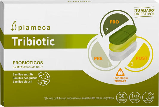 Plameca Tribiotic - 3 in 1 Formula - Intestinal Probiotics and Prebiotics, with Postbiotic - Improves Integral Digestive Health - 30 Tablets for 30 Days