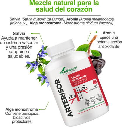 Soria Natural Arterisor - Cardiovascular Health and Circulatory System - With Sage, Aronia and Algae Monostroma - Bottle of 180 Tablets