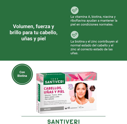 SANTIVERI - Hair, Nails and Skin, Food Supplement Based on L-Cystine, Beer Yeast, Biotin and Vitamins, which contribute to Maintain the Condition of Hair, Nails and Skin - 48 Tablets