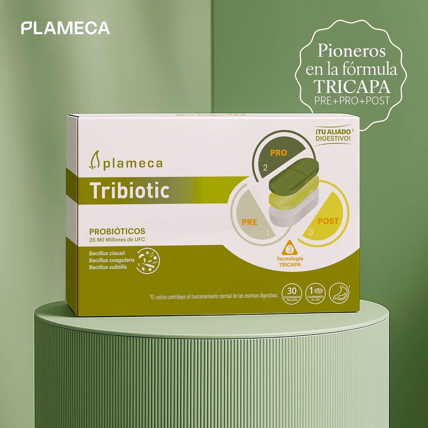 Plameca Tribiotic - 3 in 1 Formula - Intestinal Probiotics and Prebiotics, with Postbiotic - Improves Integral Digestive Health - 30 Tablets for 30 Days