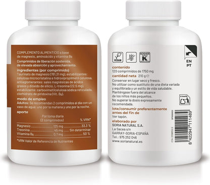 Soria Natural Magnesium + Vitamin B6 High Absorption - Sustained Release - Helps Improve Energy, Sleep, Brain Health and Nerve Function - 120 Tablets