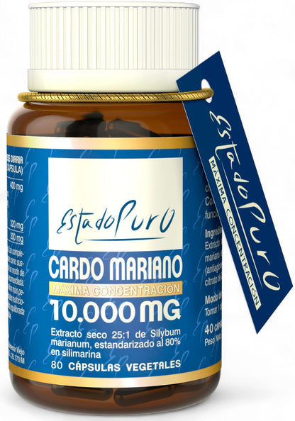 Cardo Mariano Puro 10000 mg | Extracto de semilla concentrado 25:1 con 80 % de silimarina y colina | Apoyo hepático, depuración y desintoxicación | 40 cápsulas vegetales Tongil (1)