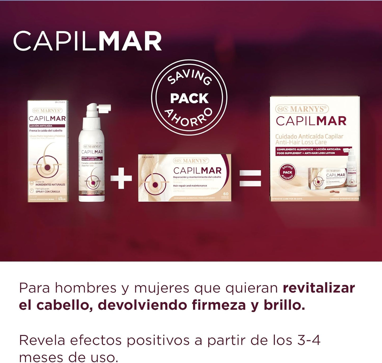 Pack CAPILMAR Anticaída Marnys – 60 Cápsulas + Loción 100 ml – Frena la Caída – Protección Capilar – Recupera Firmeza y Brillo – Cuidado Intensivo 30 Días